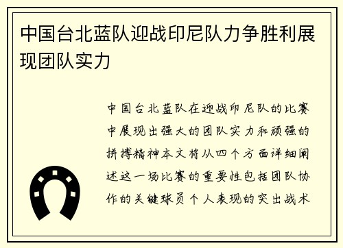 中国台北蓝队迎战印尼队力争胜利展现团队实力